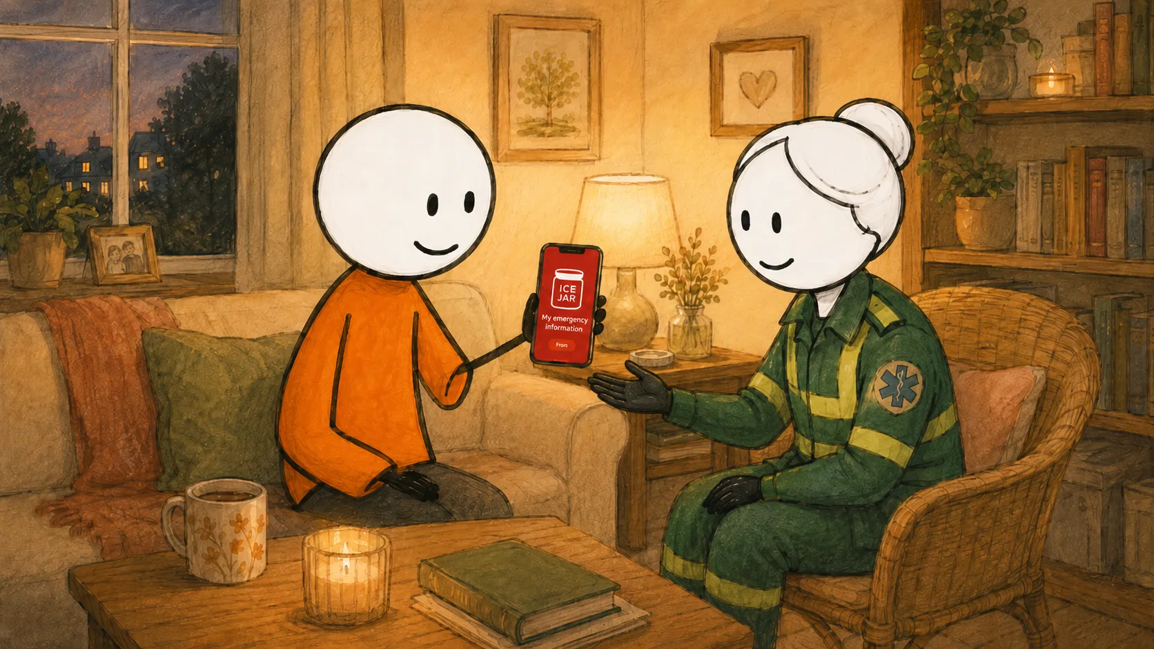 A patient at home in the evening holding out a phone showing the ICE Jar app to a paramedic seated nearby
